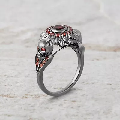 Flower Skull Engagement Ring Red Garnet Skull Ring Women Gun Metal Finish Silver • $152.74