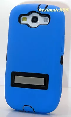 For Samsung Galaxy S3 Blue 2 Layer Hard & Soft Case W/ Chrome Stand I9300 S III • $7.80