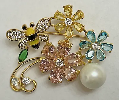 Daisy Flower Yellow Bumble Bee Crystal Glass Clear Rhinestone Brooch Pin Vintage • $19.54