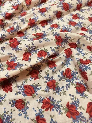 Vintage Feed Sack Fabric Cotton Red Roses And Tiny Blue Flowers 34” X 38” • $22