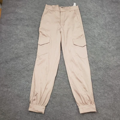 $17.99 • Buy Zara Pants Women Small Beige Taper Satin Mid Rise Dark Wash Pockets Dress Ladies