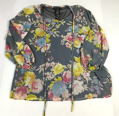 MM Couture Womens Blouse Size M Blue Yellow Floral Tie-Neck Puff Sleeve NWT • $17.24