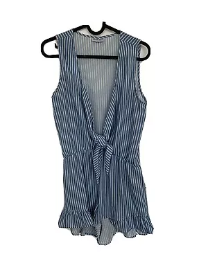 Asos Tiger Mist Blue Stripe Plunge Tie Frill Hem Playsuit 8 • £7.50