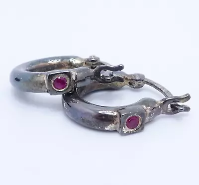 Elle Sterling Silver Vintage Ruby Gemstone Mini Hoop Earrings • $19.99