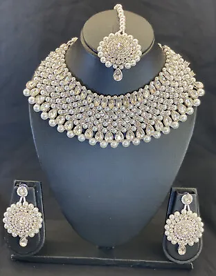£19.99 • Buy Indian Pakistani Necklace Set Bridal Party Wear Earrings Tikka Silver Colour