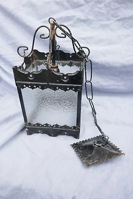 Vintage French Porch/Hall Lantern Painted Metal Frosted Glass-Chain+Rose Project • £48