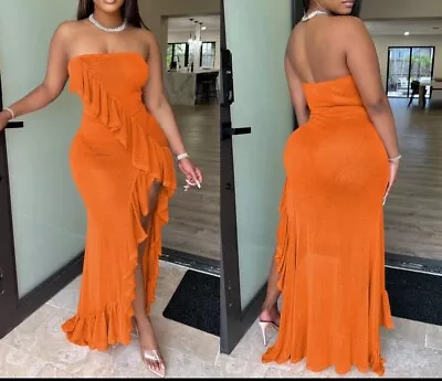 Stylish New Women Off Shoulder Side Slit Ruffled Mesh Bodycon Long Dress Club • $25