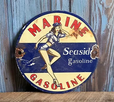 Vintage Marine Gasoline PINUP SAILOR GIRL Porcelain Gas Pump Plate Sign • $9.95