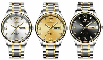 FNGEEN Quartz Stainless Steel Case & Strap Round Face Watch Black White Gold • $24.60