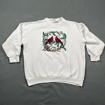 Vintage 90s White Christmas Crewneck Sweatshirt Large Embroidered Cardinals VTG • $29.99