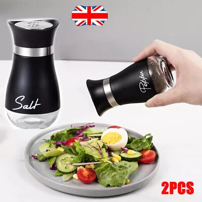 Pack Of 2 Salt And Pepper Shakers Pots Dispensers Cruet Jars Set Black Silver • £6.78