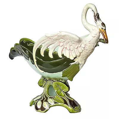 Antique Majolica Vase Center Piece Jardiniere Julius Dressler Heron Fish 1900s • $945