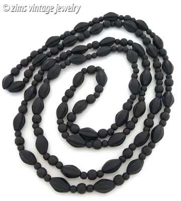 Antique VICTORIAN Long French Jet Matte Black Glass Bead Mourning Opera NECKLACE • $7.99
