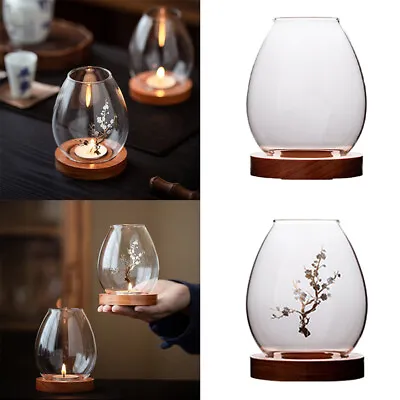 $17.02 • Buy Clear Glass Candle Holder Windproof Cover Wood Base Chimney Table Room Decor