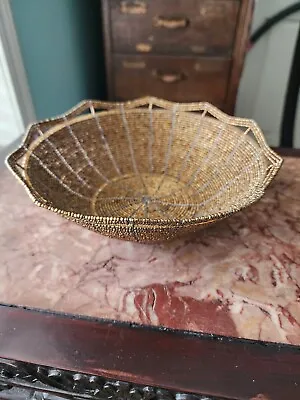 Gold Seed Beads And Wire Beaded Basket Trinket Fruit Bowl 8 Inch Diameter • $13.99