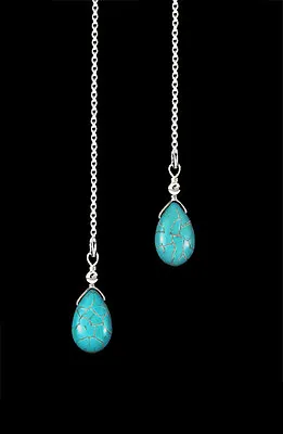$10.99 • Buy *CKSA* Blue Turquoise Teardrop Sterling Silver Ear Thread Threader Earrings 