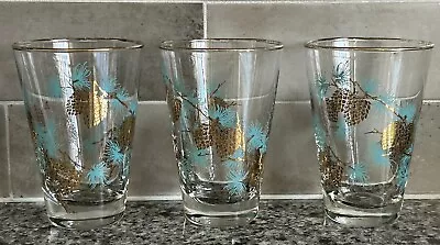 Vintage Glass Libbey Gold/Aqua Pine Cone Highball Tumbler 4.5”H (set Of 3) • $24