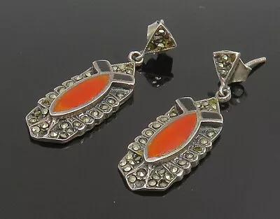 925 Sterling Silver - Vintage Carnelian Onyx & Marcasite Earrings - EG11686 • $35.50