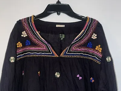 Matta NY Black Boho Embroidered Black Tunic Top Scoop Neck 100% Cotton Sz L • $65.99