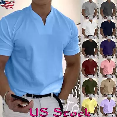 Mens Solid Casual V Neck Short Sleeve T-shirts Slim Fit Blouse Gym Tops Tees OL • $15.69