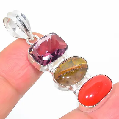 $4.99 • Buy Tiger Eye, Coral Gemstone 925 Solid Sterling Silver Jewelry Pendant 1.77  G906