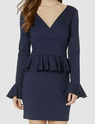 $998 Nicole Miller Womens Blue Long-Sleeve V-Neck Ponte Sheath Mini Dress Size M • $117.98