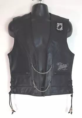 Victory Motorcycle Men's Chain Vest Black Leather POW MIA Patch Spellout Logo • $116.99