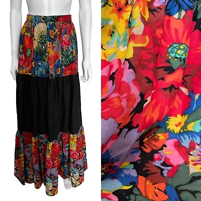 True Vintage 1970s Liberty Print Bright Floral Boho Prairie Cotton Maxi Skirt 8 • £29.99