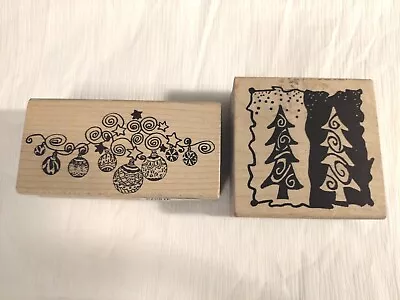 RARE Vintage 2 Magenta - Wood Mounted Rubber Stamps - Christmas Ornaments Trees  • $7.49