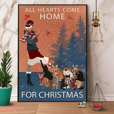 Cats & Girl All Hearts Come Home Cardinal Snow Winter Vertical Paper Poster N... • $15.50