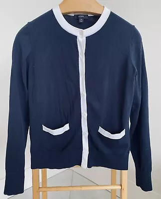 J CREW  Navy Tipped White Cotton Cardigan Classic Jackie Style Medium • $17.50