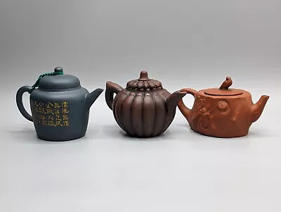 Chinese Antique Yixing Teapots Three Miniature Calligraphy & Signed Zisha Clay • £0.99