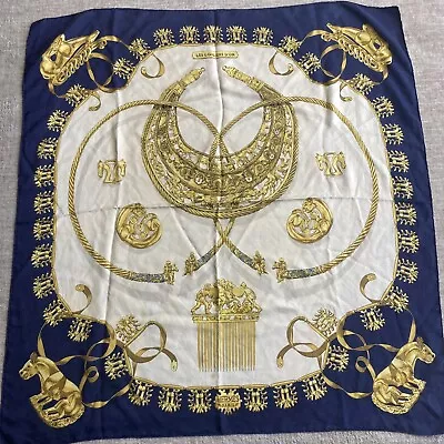 Vintage 90s Hermes Scarf Carre Blue Les Cavaliers D’or Paris Silk 100% • $110