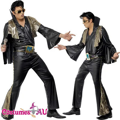 Mens Elvis Presley Black Gold Costume Rock And Roll 50s 1950s Star Fancy Dress • £30.64