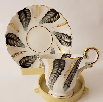 Rare Vintage Fine China Teacup Saucer Feather Leaf Ucagco Demitasse  Espresso  • $15