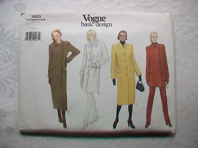Vogue Basic Design Coat Sewing Pattern 1990s Unused Uncut #1853 Size 8-10-12 • $13.99