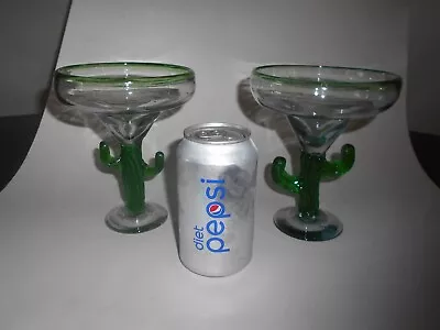 2  Large Mexican Saguaro Cactus Stem Margarita Hand Blown Glasses...8Oz. • $17