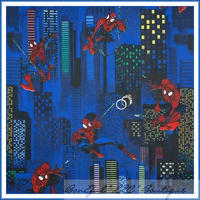 BonEful Fabric FQ Cotton Quilt VTG Blue Spiderman Super Hero Marvel DC Comic NYC • $6.47