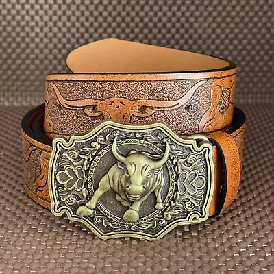 Mens Cowboy Western Bull Leather Buckle Belt Tan Brown One Size Fits Most 130CM • £20.99