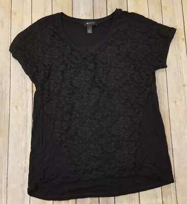 AB Studio Top Blouse Women Size M Black Short Sleeves Lace Front Casual B2 • $7.77