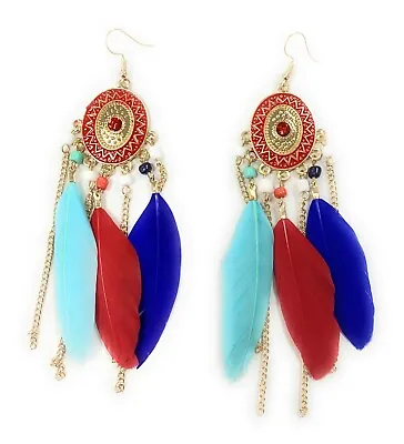 Feather Chandelier Earrings Gold Gypsy Boho Tribal Tassel - Pierced Or Clip On • £3.99