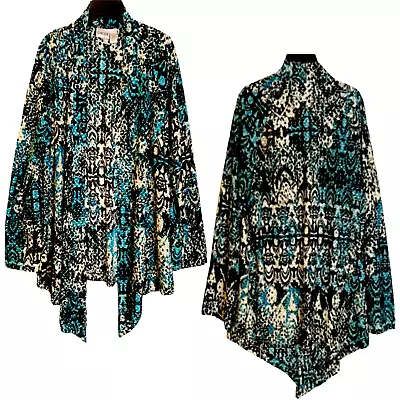 CHICO'S 0=S Teal Black Cream Textured Draped Front Stretch Topper Jacket • $34