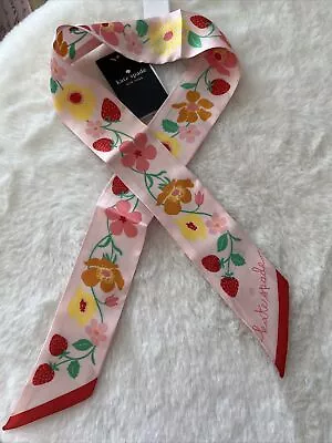 New Kate Spade Strawberry Garden Silk Skinny Scarf Pink Floral Light Rosebud • $49.99