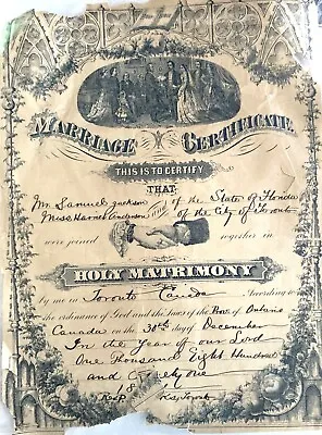 1891 Marriage Certificate Samual Jackson To Harriet Anderson Florida/Toronto • $21.99