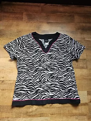 NWOT Baby Phat Woman's Medical Scrub Top Zebra Print Hot Pink Trim - Size LARGE • $6.50