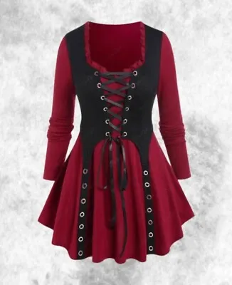 New Red & Black Soft Knit Gothic Corset Front Long Sleeved Top Size 3XL 22 24 26 • $37.29