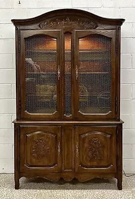 High-End Medium Sized French Country Oak China Cabinet By Davis; Walnut Stain • $1995