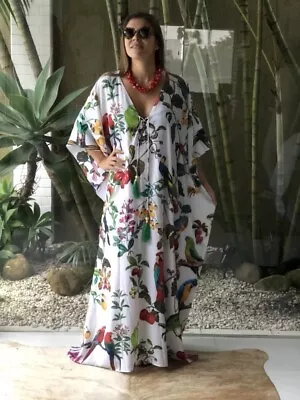 New Women Silk Mix Long Kaftan/ Resort Wear Soft And Flowy V Neck Free Size • $95