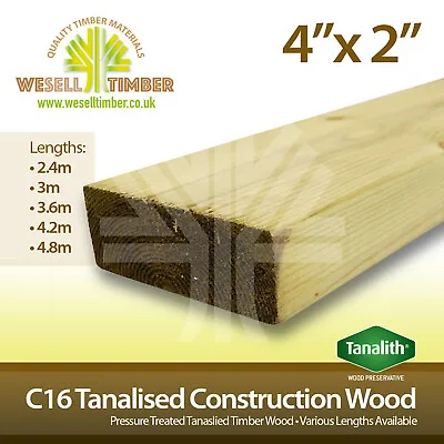 C16 Pressure Treated Structural Timber 4x2 100x47 Various Sizes 2.4m - 4.8m • £4.82