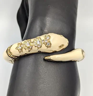 Snake Bangle Bracelet Vintage Gold Tone Ivory Enameling Clear Rhinestones • $35